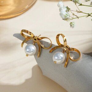 Gold Plated Stainless Steel Bowknot White Pearl Earrings